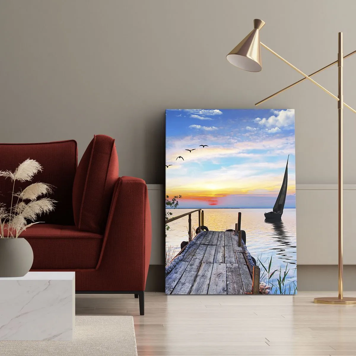 Quadro su tela - Stampe su Tela - Molo del lago con barca e tramonto - 70x100cm - Buona sera - Decorazione murale moderna per soggiorno e camera da letto ARTTOR