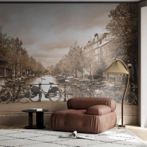 Fotomurali Premium Sand - Ponte in stile retrò con biciclette sul canale - 100x70cm - Atmosfera olandese - Decorazione murale moderna per soggiorno e camera da letto ARTTOR