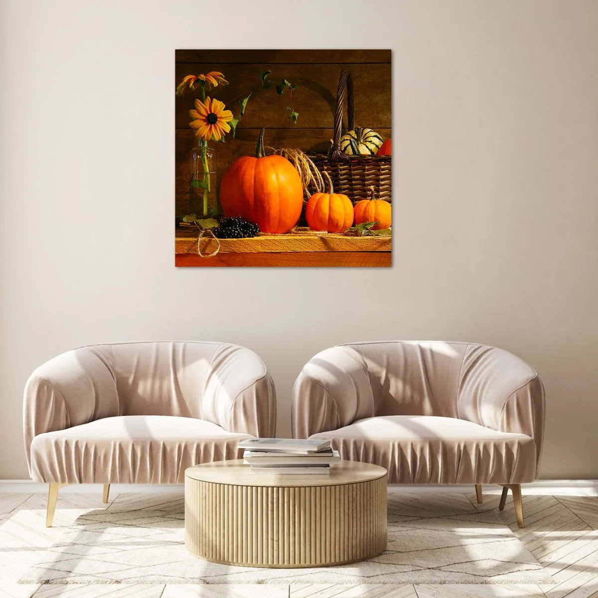 Quadro su vetro - Composizione rustica: i doni dell'autunno - 70x70 cm