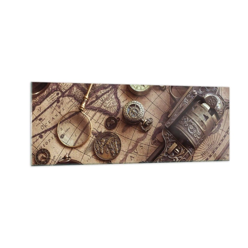 Quadro su vetro - Oggetti antichi su una vecchia mappa in stile retrò - 140x50cm - La natura chiama - Decorazione murale moderna per soggiorno e camera da letto ARTTOR