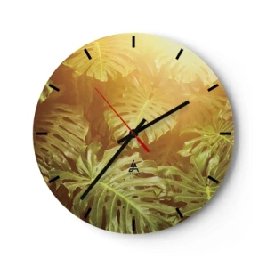 Orologio da parete - Orologio in Vetro - Foglie di Monstera alla luce del sole al tramonto - 30x30cm - Entrando nel verde... - Decorazione murale moderna per soggiorno, cucina e camera da letto ARTTOR