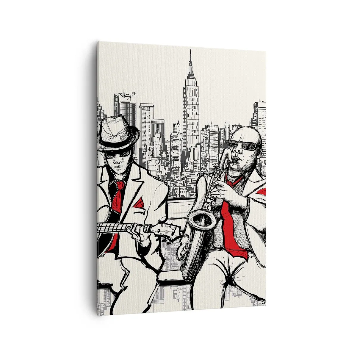 Quadro su tela - Stampe su Tela - Un duo jazz con sassofono e chitarra sullo sfondo della città - 70x100cm - Improvvisare a New York - Decorazione murale moderna per soggiorno e camera da letto ARTTOR