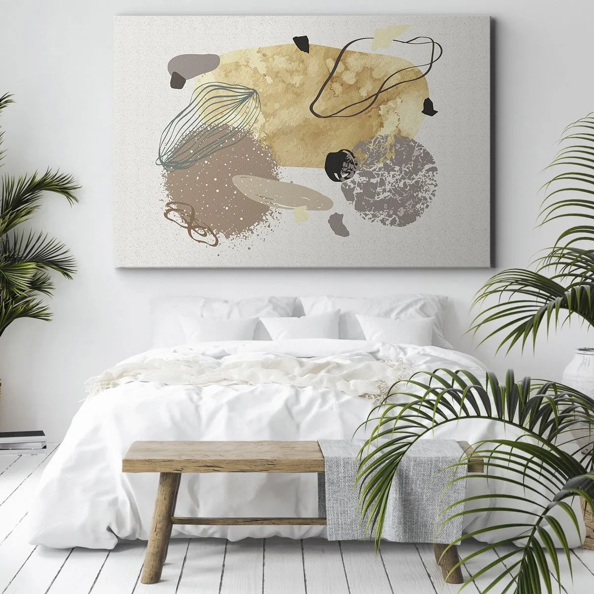 Quadro su tela - Stampe su Tela - Una composizione di forme astratte nei toni del beige e del giallo. - 70x50cm - Schizzologia applicata - Decorazione murale moderna per soggiorno e camera da letto ARTTOR