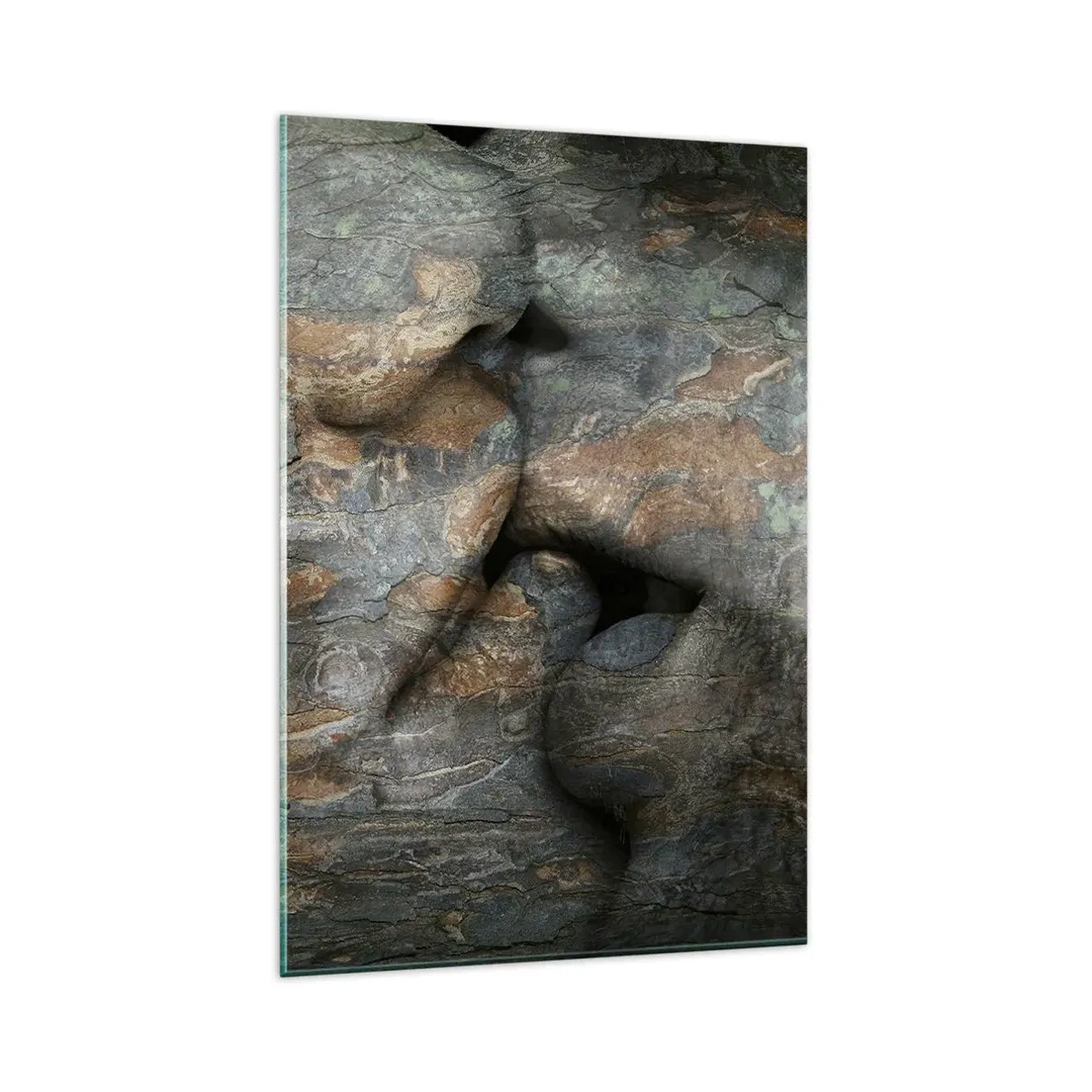 Quadro su vetro - Un motivo artistico di un volto scolpito nella roccia con un effetto di texture naturale. - 80x120cm - Insieme per sempre - Decorazione murale moderna per soggiorno e camera da letto ARTTOR