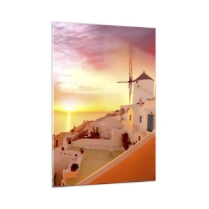 Quadro su vetro - Tramonto su Santorini con edifici bianchi e un mulino a vento - 50x70cm - Sciogliersi nel bianco e nell'oro - Decorazione murale moderna per soggiorno e camera da letto ARTTOR