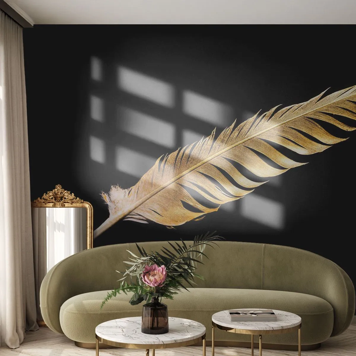 Fotomurali Premium Sand - Non una piuma qualsiasi.... - Piuma d'oro, Piuma d'uccello, Pezzo - 100x70 cm