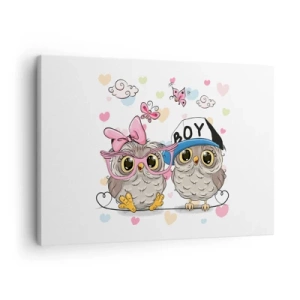 Quadro su tela - Stampe su Tela - Due adorabili gufi circondati da cuori - 70x50cm - Amiamoci! - Decorazione murale moderna per soggiorno e camera da letto ARTTOR