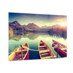Quadro su vetro - Barche di legno su un lago calmo circondato da montagne - 100x70cm - Vivere secondo le sue leggi - Decorazione murale moderna per soggiorno e camera da letto ARTTOR