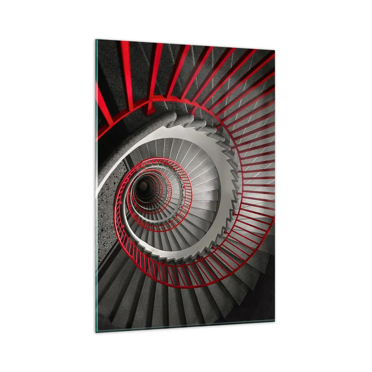 Quadro su vetro - Scala a chiocciola con corrimano rossi in prospettiva dinamica - 80x120cm - I giochi dell'architettura - Decorazione murale moderna per soggiorno e camera da letto ARTTOR