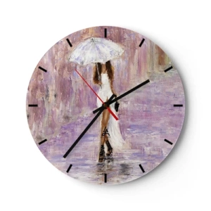 Orologio da parete - Orologio in Vetro - La figura di una donna con un ombrello sotto la pioggia, su uno sfondo lilla - 30x30cm - Nella pioggia lilla - Decorazione murale moderna per soggiorno, cucina e camera da letto ARTTOR