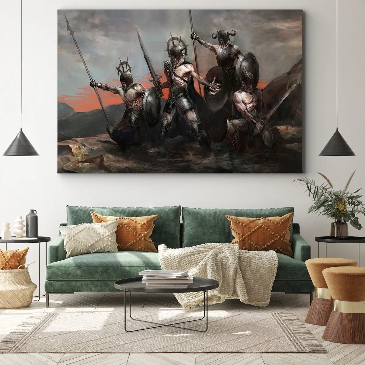 Quadro su tela - Stampe su Tela - Un gruppo di guerrieri in armatura con lance sullo sfondo del tramonto - 70x50cm - Con lo scudo o sullo scudo - Decorazione murale moderna per soggiorno e camera da letto ARTTOR