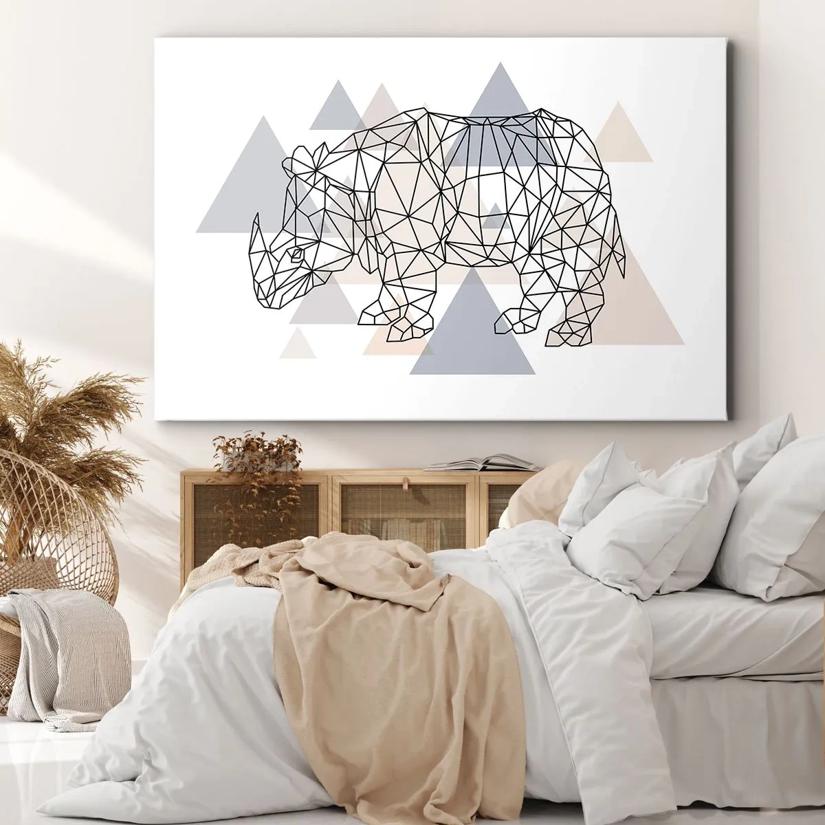 Quadro su tela - Stampe su Tela - Rinoceronte geometrico su uno sfondo di delicati triangoli - 70x50cm - La struttura della forza - Decorazione murale moderna per soggiorno e camera da letto ARTTOR