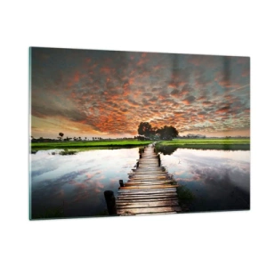 Quadro su vetro - Ponte di legno sul fiume al tramonto - 120x80cm - Allarga le braccia, respira  - Decorazione murale moderna per soggiorno e camera da letto ARTTOR