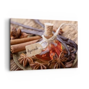 Quadro su tela - Stampe su Tela - Una bottiglia di olio speziato su un vassoio - 100x70cm - Verso l'unità del corpo e dell'anima - Decorazione murale moderna per soggiorno e camera da letto ARTTOR