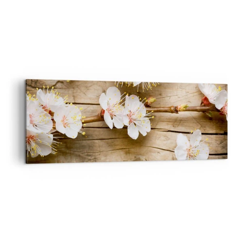 Quadro su tela - Stampe su Tela - Rami di ciliegi in fiore su uno sfondo di tavola di legno - 140x50cm - Ed è giunta la primavera - Decorazione murale moderna per soggiorno e camera da letto ARTTOR