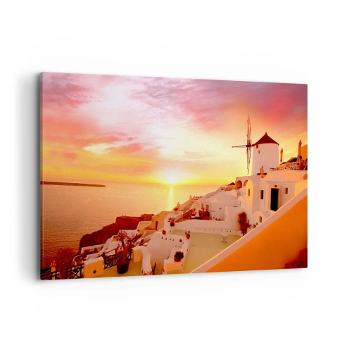 Quadro su tela - Stampe su Tela - Santorini al tramonto con un mulino a vento - 120x80cm - Sciogliersi nel bianco e nell'oro - Decorazione murale moderna per soggiorno e camera da letto ARTTOR
