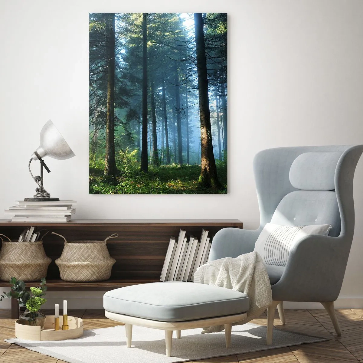 Quadro su vetro - Un sentiero nel bosco illuminato dai raggi del sole mattutino - 80x120cm - Raggiante all'alba - Decorazione murale moderna per soggiorno e camera da letto ARTTOR