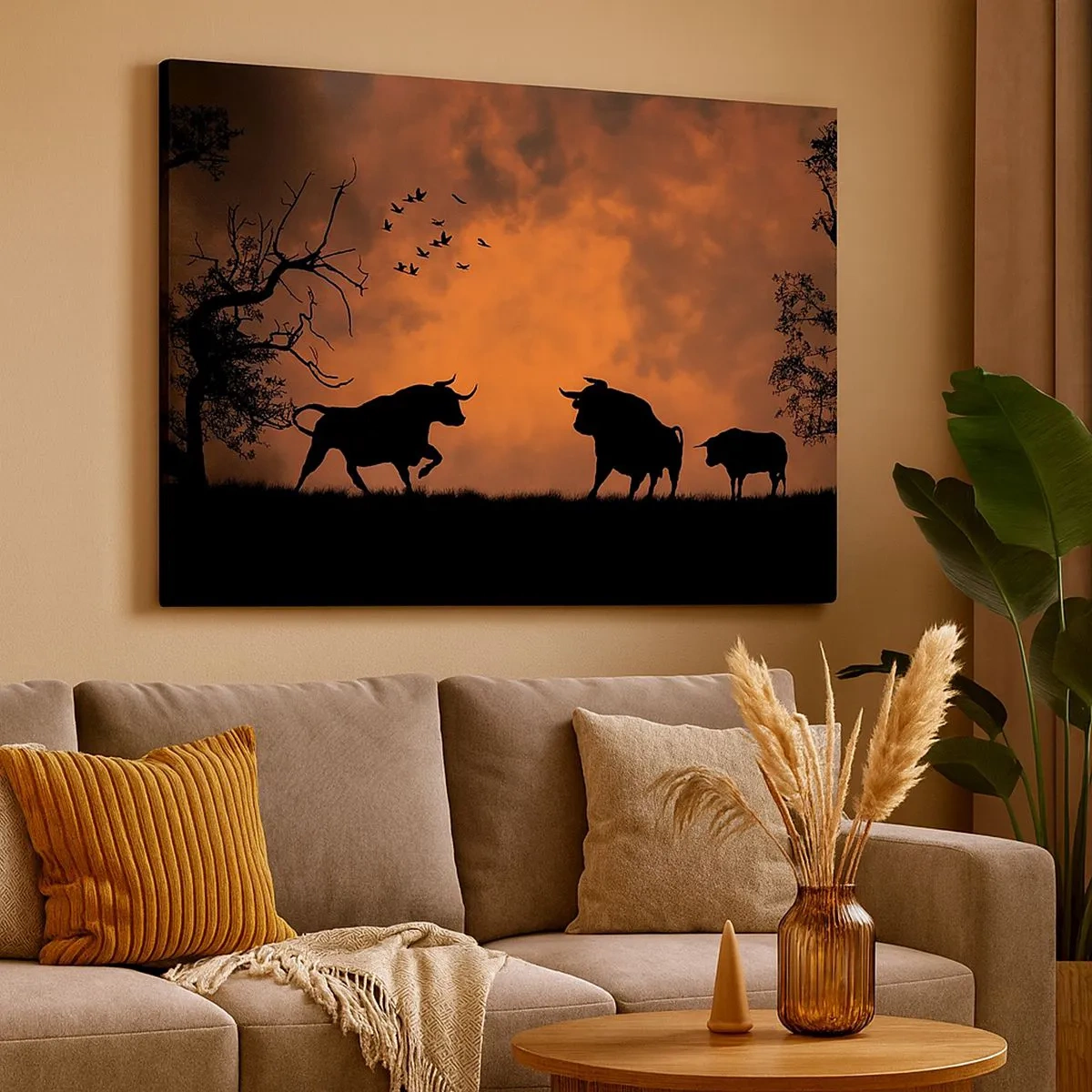 Quadro su tela - Stampe su Tela - Sagome di tori contro un cielo arancione al tramonto - 70x50cm - Drammatico spettacolo della natura - Decorazione murale moderna per soggiorno e camera da letto ARTTOR