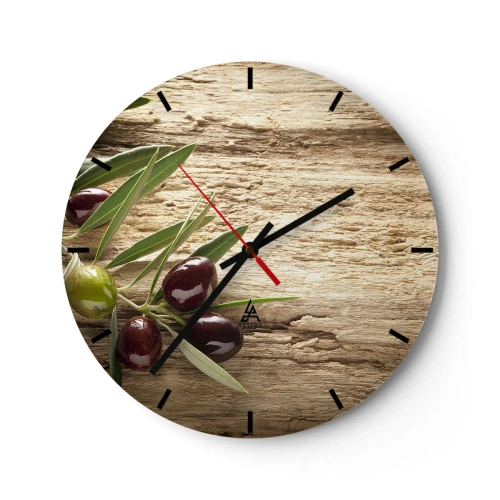 Orologio da parete - Orologio in Vetro - Ramo d'ulivo su uno sfondo di legno - 30x30cm - Direttamente dalla natura - Decorazione murale moderna per soggiorno, cucina e camera da letto ARTTOR