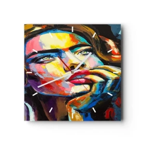 Orologio da parete - Orologio in Vetro - Ritratto colorato di una donna in stile espressionista - 30x30cm - I sogni come uccelli planano nel cielo - Decorazione murale moderna per soggiorno e camera da letto ARTTOR