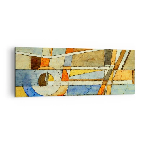 Quadro su tela - Stampe su Tela - Astrazione geometrica nei toni del beige, blu e arancione - 140x50cm - Cubismo in cantiere - Decorazione murale moderna per soggiorno e camera da letto ARTTOR
