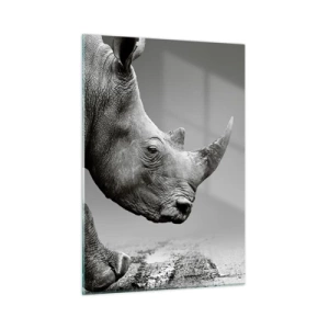 Quadro su vetro - Un rinoceronte in movimento su uno sfondo grigio - 50x70cm - Forza irrefrenabile - Decorazione murale moderna per soggiorno e camera da letto ARTTOR