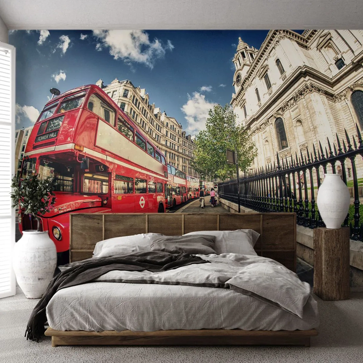 Fotomurali Standard Eco - Via di Londra in grigio e rosso - Città, Londra, Autobus rosso - 450x315 cm