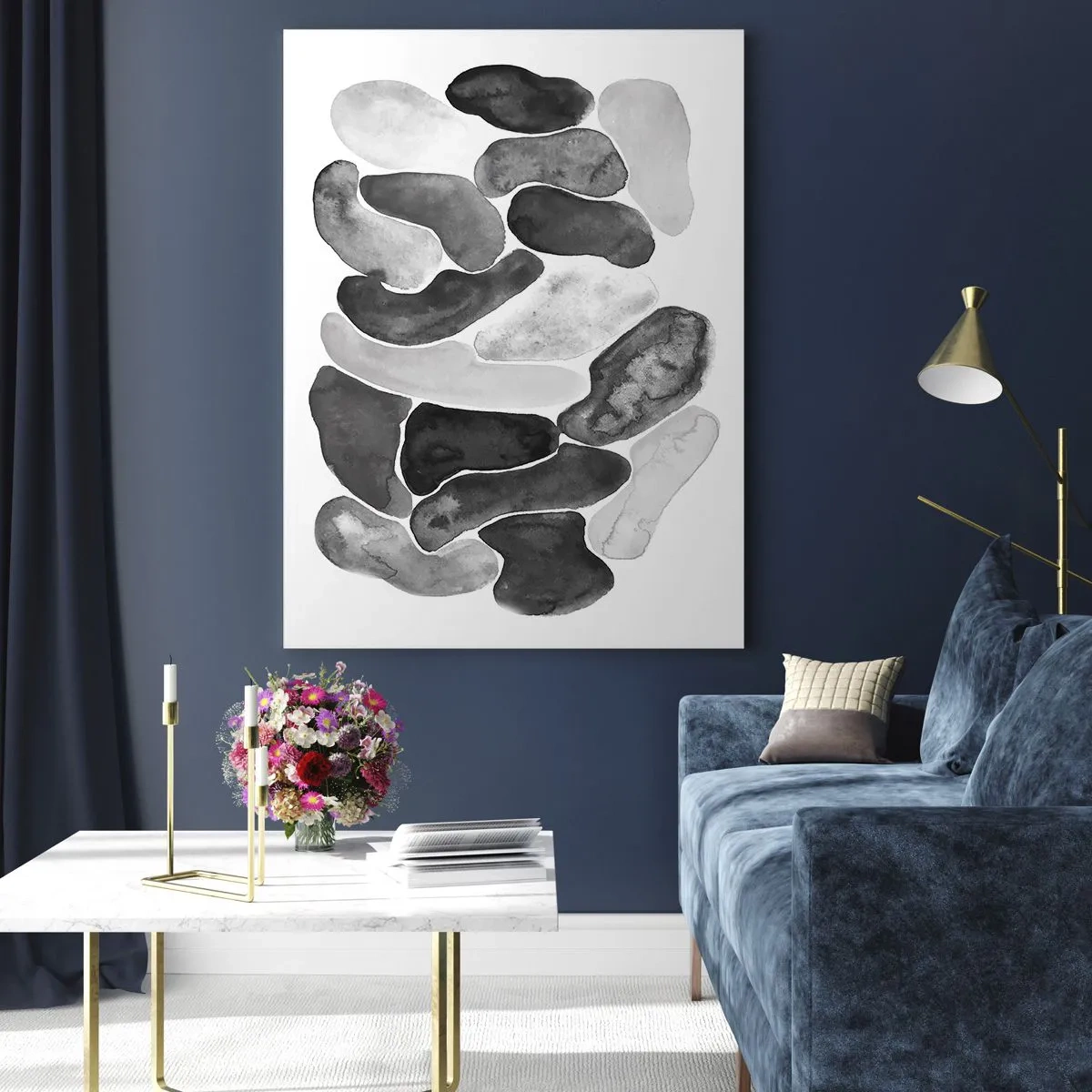 Quadro su vetro - Una composizione in bianco e nero di forme astratte che ricordano le pietre. - 50x70cm - Astrazione rocciosa - Decorazione murale moderna per soggiorno e camera da letto ARTTOR