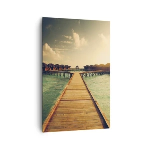 Quadro su tela - Stampe su Tela - Un molo di legno che conduce alle case sull'acqua, illuminate dai raggi del sole. - 80x120cm - Caldo invito - Decorazione murale moderna per soggiorno e camera da letto ARTTOR