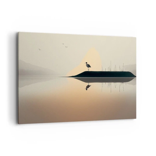 Quadro su tela - Stampe su Tela - Un uccello su un'isola in un lago calmo con tonalità calde - 120x80cm - Il signore del lago - Decorazione murale moderna per soggiorno e camera da letto ARTTOR