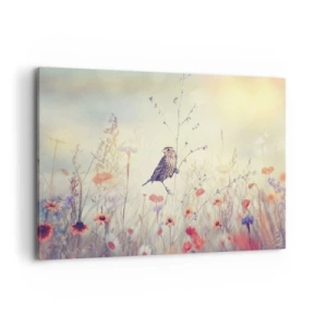 Quadro su tela - Stampe su Tela - Un uccello sullo sfondo di un prato colorato in colori pastello - 120x80cm - Ritratto d'uccello con prato di sfondo - Decorazione murale moderna per soggiorno e camera da letto ARTTOR