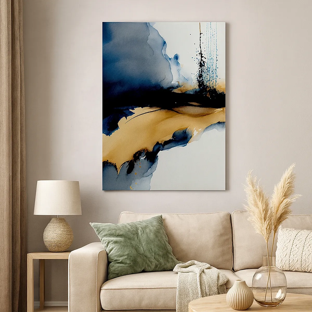 Quadro su tela - Stampe su Tela - Una composizione astratta nei toni del blu navy e dell'oro - 50x70cm - Dietro la cortina - Decorazione murale moderna per soggiorno e camera da letto ARTTOR