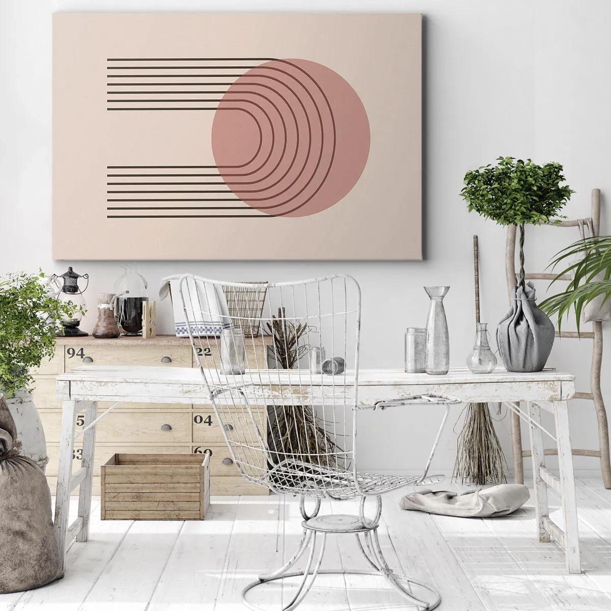 Quadro su tela - Stampe su Tela - Motivo astratto con cerchio rosa e linee - 100x70cm - Attrazione irresistibile - Decorazione murale moderna per soggiorno e camera da letto ARTTOR