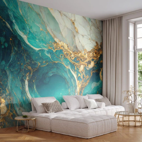 Fotomurali Premium Sand - Astrazione turchese e oro che ricorda una pietra preziosa - 100x70cm - Composizione con vene d'oro - Decorazione murale moderna per soggiorno e camera da letto ARTTOR