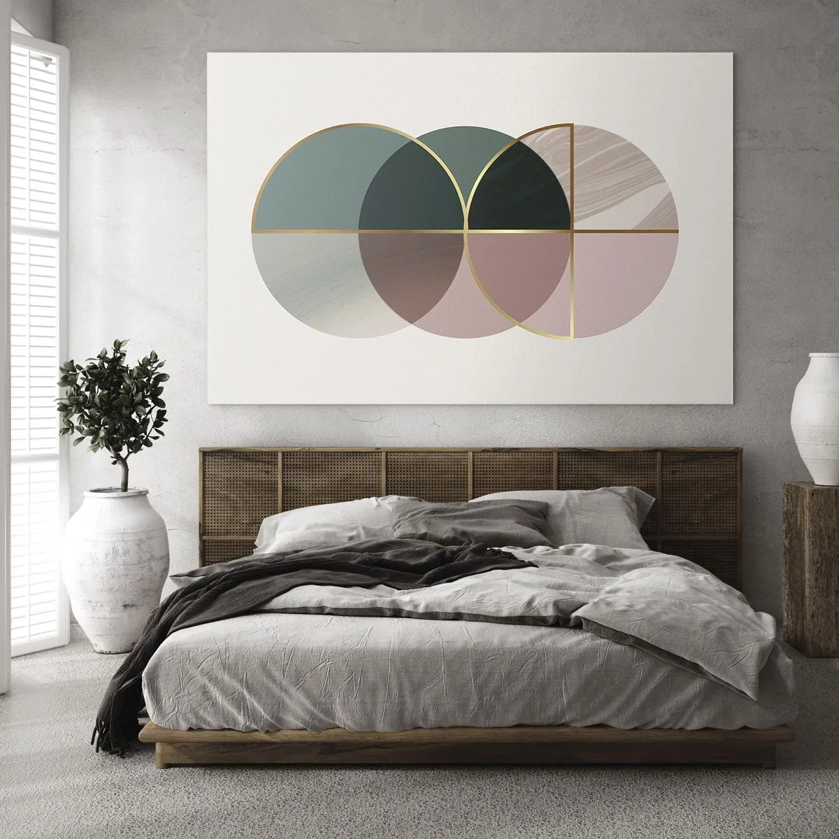 Quadro su vetro - Forme geometriche con sfumature di verde e rosa su uno sfondo chiaro - 70x50cm - Un cerchio dietro l'altro... - Decorazione murale moderna per soggiorno e camera da letto ARTTOR