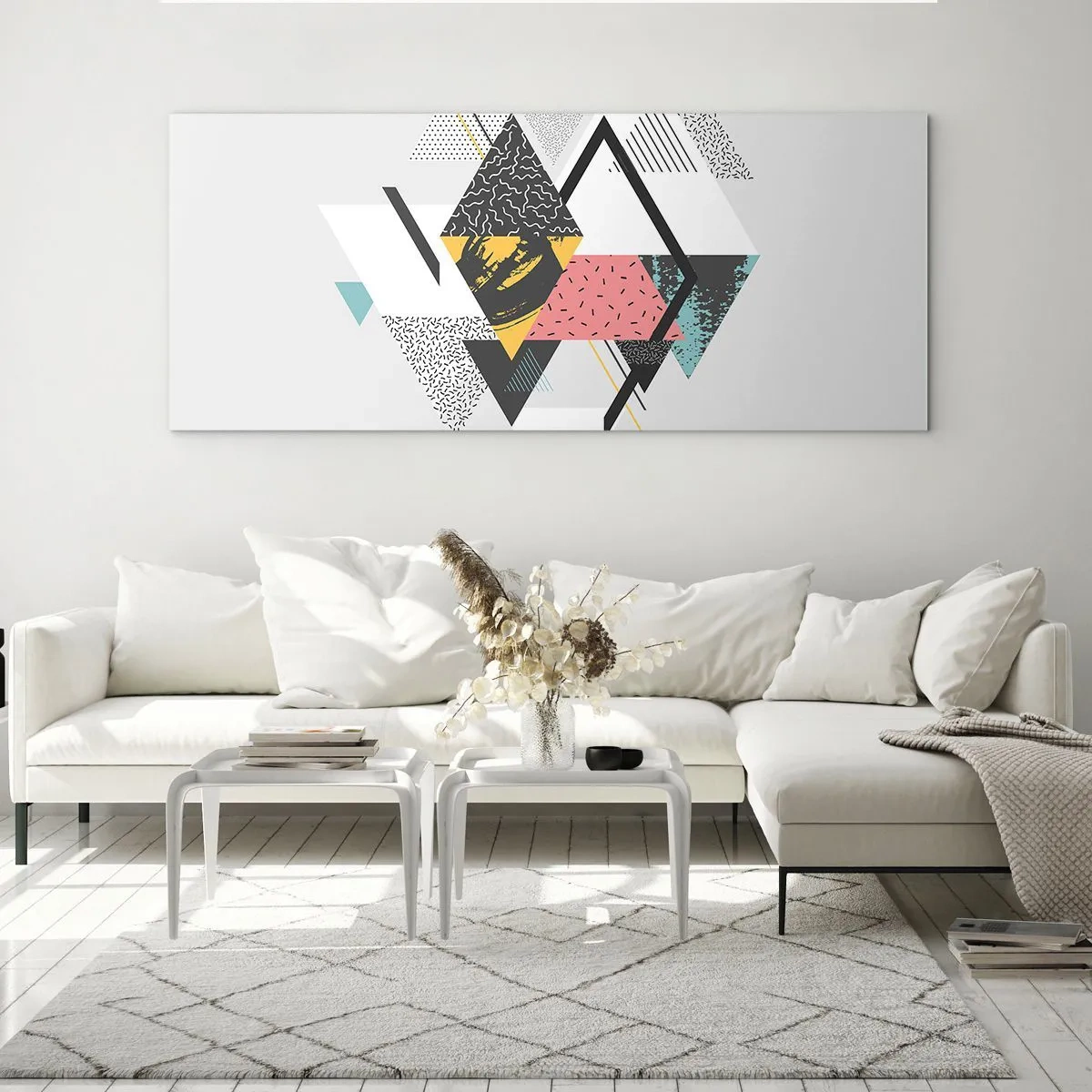 Quadro su vetro - Motivi geometrici su sfondo chiaro - 140x50cm - Variazione con triangoli e rombi - Decorazione murale moderna per soggiorno e camera da letto ARTTOR