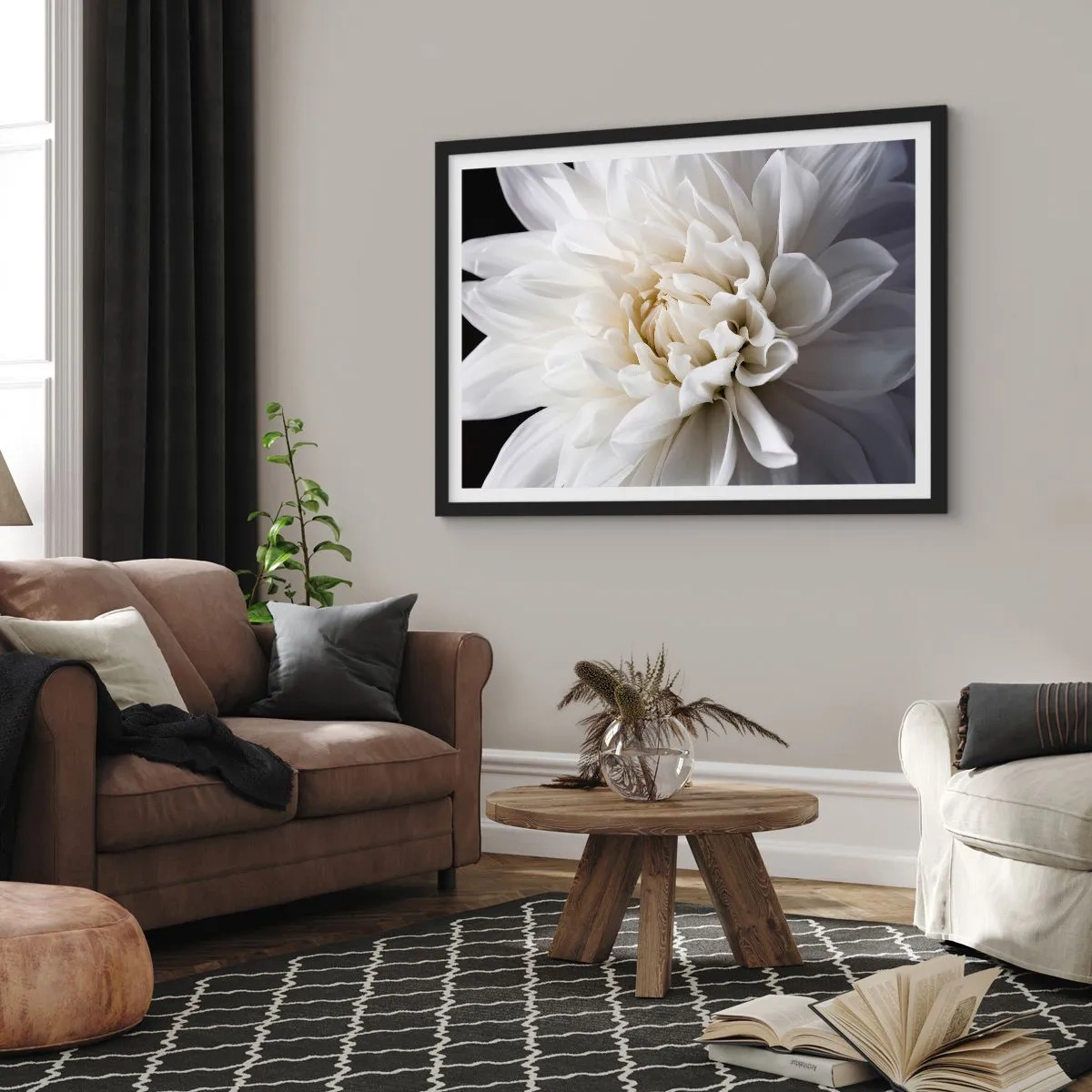 Poster in cornice nera - Un delicato fiore bianco su sfondo nero in una composizione elegante - 70x50cm - Il mattino della sposa - Decorazione murale moderna per soggiorno e camera da letto ARTTOR