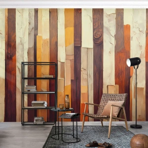 Fotomurali Premium Sand - Strisce verticali che ricordano i tronchi degli alberi in colori caldi - 100x70cm - L'inno dei legni boschivi - Decorazione murale moderna per soggiorno e camera da letto ARTTOR