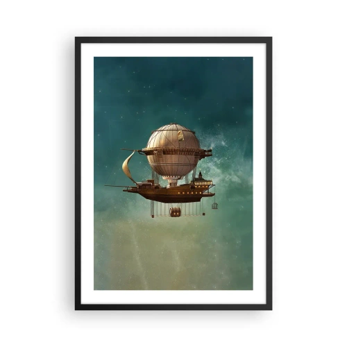 Poster in cornice nera - Un fantastico dirigibile che fluttua tra le stelle - 50x70cm - Saluti da Jules Verne - Decorazione murale moderna per soggiorno e camera da letto ARTTOR