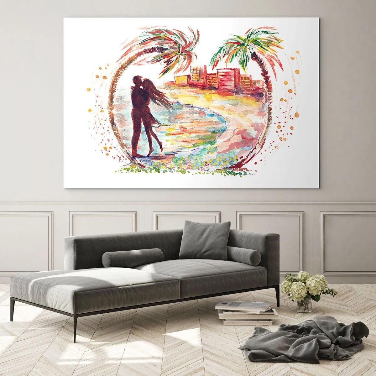 Quadro su vetro - Coppia romantica in un ambiente tropicale con palme - 120x80cm - Vacanze romantiche - Decorazione murale moderna per soggiorno e camera da letto ARTTOR