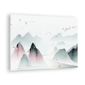 Quadro su vetro - Montagne pastello con uno stormo di uccelli in volo e linee dorate - 70x50cm - Oltre le cime - Decorazione murale moderna per soggiorno e camera da letto ARTTOR