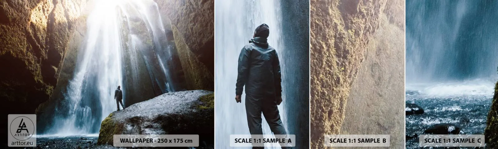 Campione di Fotomurale Adesivo Deluxe Sticker - Ripristino delle proporzioni - Cascata, Rocce, Grotta - 100x30 cm