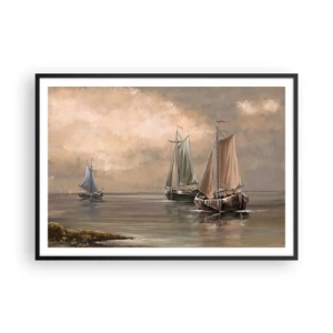 Poster in cornice nera - Barche a vela su un mare calmo in un ambiente pastello - 100x70cm - Il ritorno dei marinai - Decorazione murale moderna per soggiorno e camera da letto ARTTOR