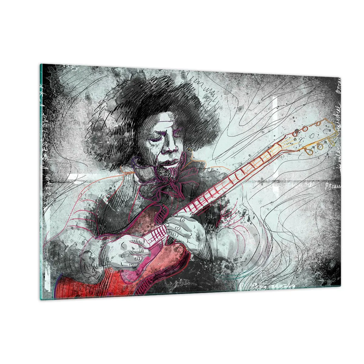Quadro su vetro - Ritratto artistico di un musicista con una chitarra elettrica - 120x80cm - Sulle onde della musica - Decorazione murale moderna per soggiorno e camera da letto ARTTOR