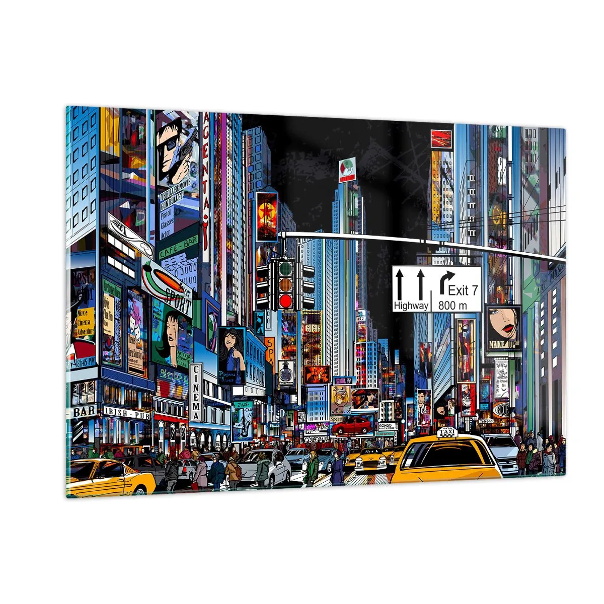 Quadro su vetro - Una strada trafficata con taxi gialli e insegne al neon - 120x80cm - La grande notte dei fumetti - Decorazione murale moderna per soggiorno e camera da letto ARTTOR