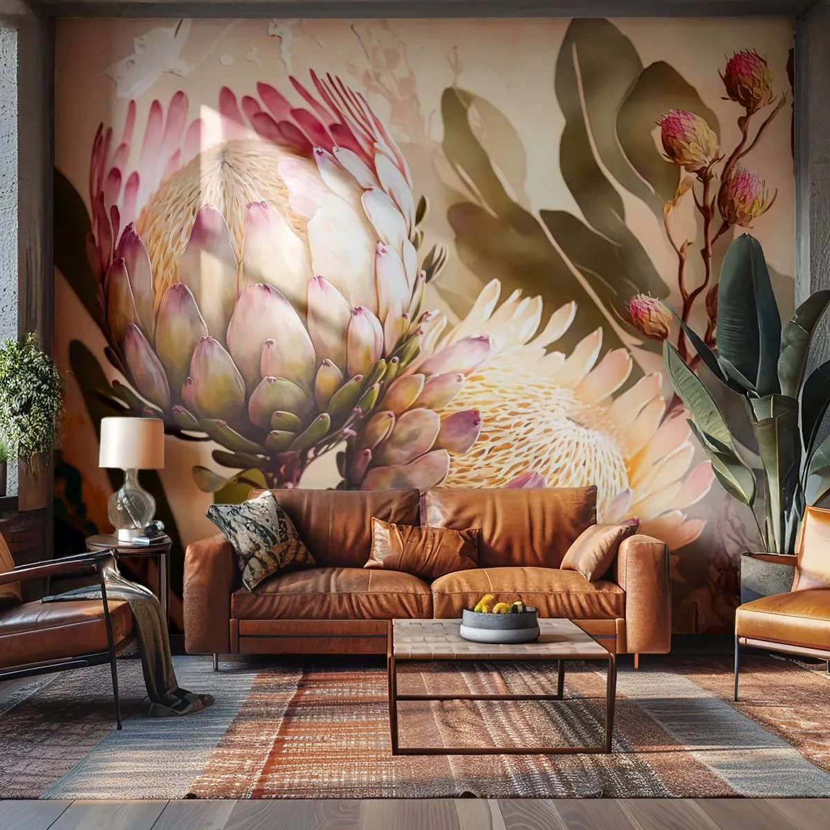 Fotomurali Premium Sand - Due fiori di protea in stile pastello e acquerello - 100x70cm - Tenero abbraccio - Decorazione murale moderna per soggiorno e camera da letto ARTTOR