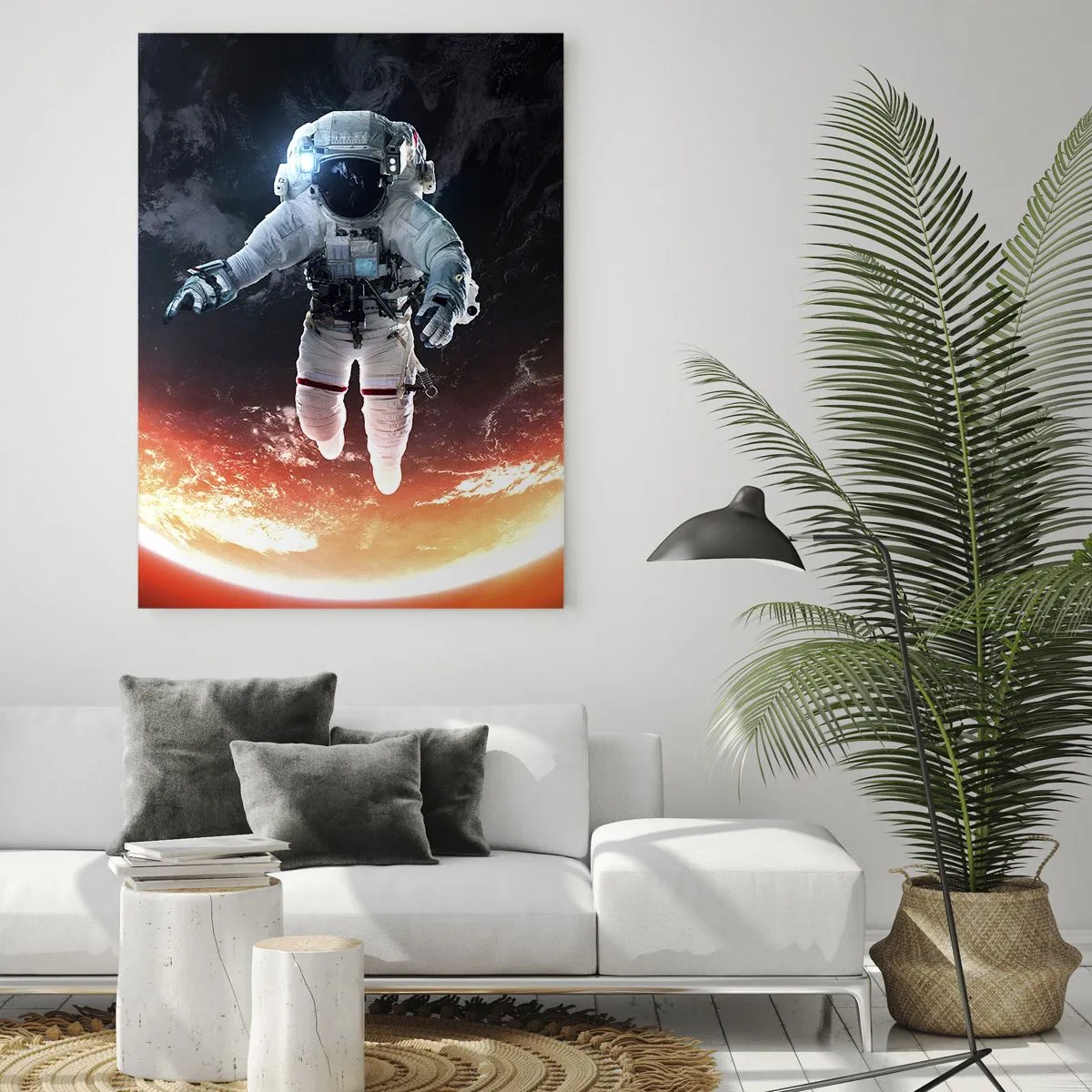 Quadro su vetro - Astronauta nello spazio con un pianeta sullo sfondo - 50x70cm - Posso restare ancora un po'? - Decorazione murale moderna per soggiorno e camera da letto ARTTOR