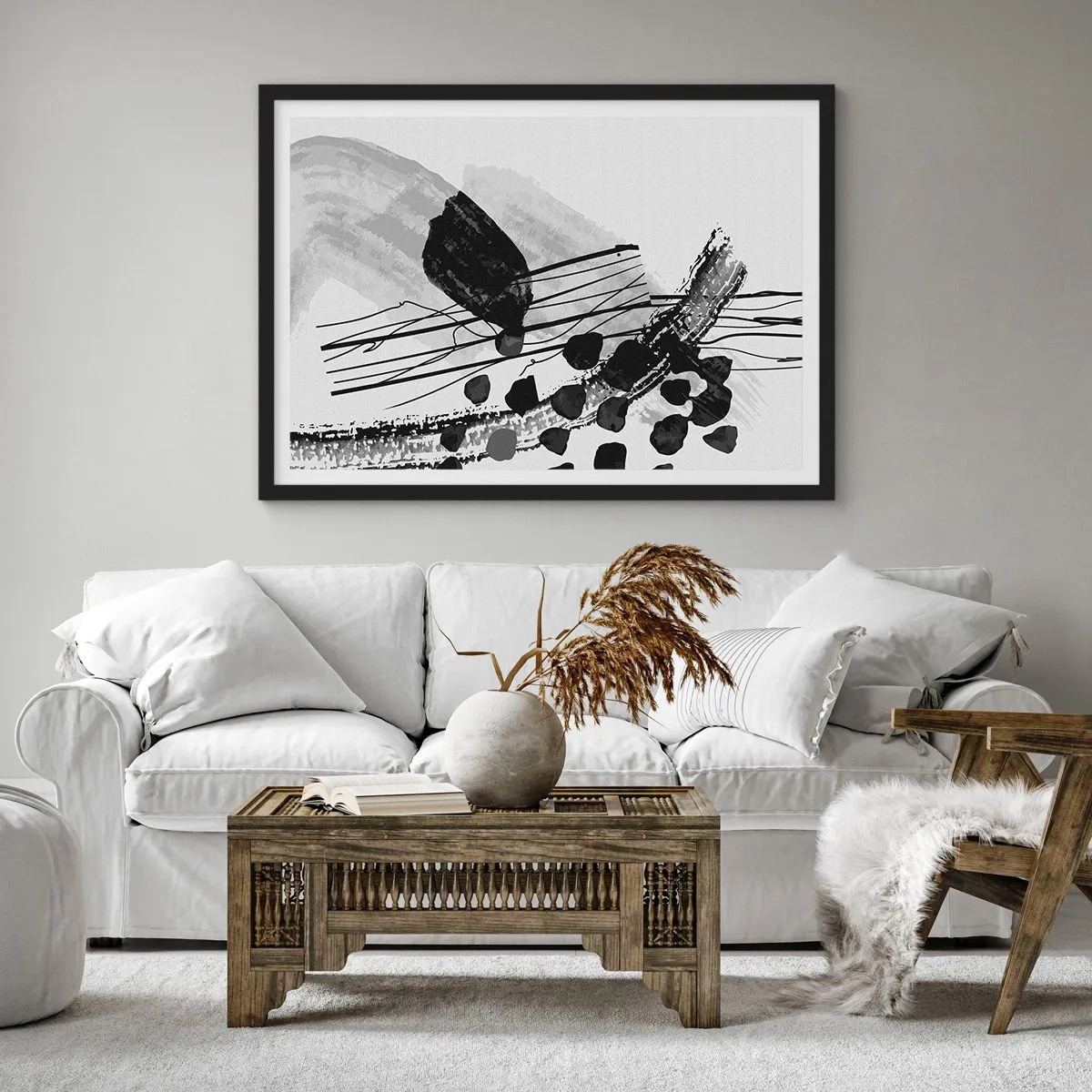 Poster in cornice nera - Composizione astratta in bianco e nero con forme organiche - 70x50cm - Astrazione organica in bianco e nero - Decorazione murale moderna per soggiorno e camera da letto ARTTOR