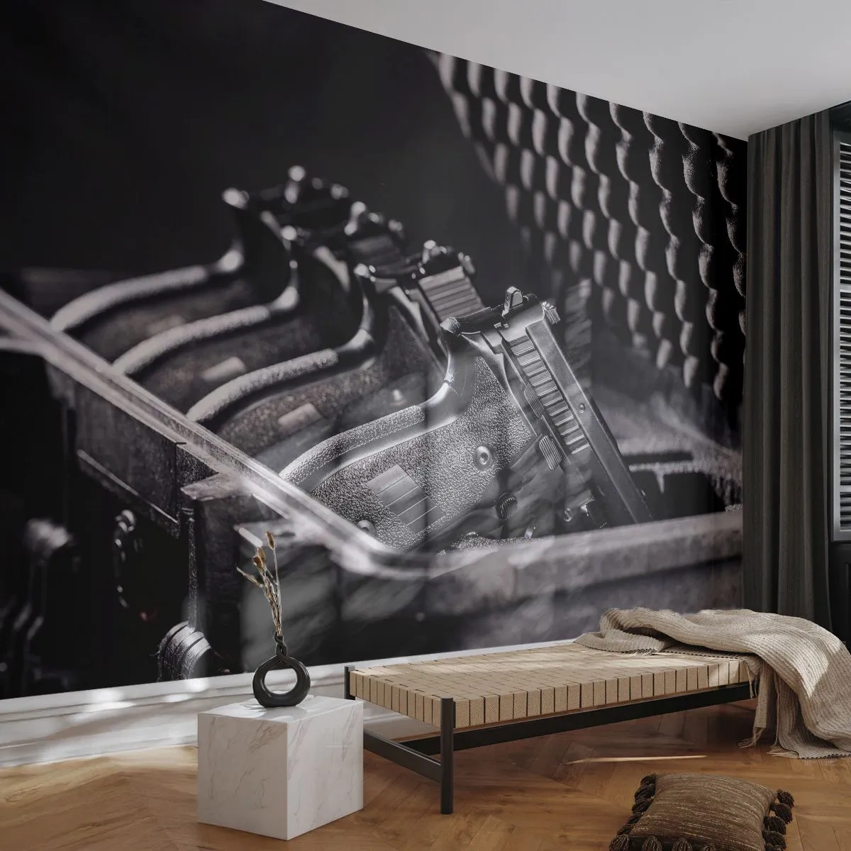 Fotomurali Premium Sand - Pistole nere in una custodia protettiva con interno in schiuma - 100x70cm - Sport maschile - Decorazione murale moderna per soggiorno e camera da letto ARTTOR