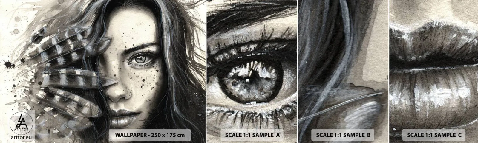 Campione di Fotomurale Adesivo Deluxe Sticker - Bellezza selvaggia - Donna, Piume di uccelli, Grafica - 100x30 cm